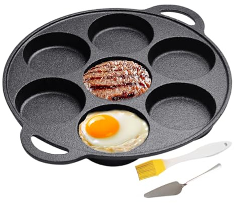 Padella per pancake in ghisa, padella piatta in ferro, strumento antiaderente per crêpe a 7 fori, per cucinare pizza, bistecca, grigliare, fuoco da campo, barbecue all'aperto, fornello da campeggio, p