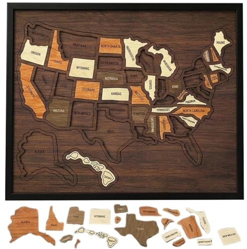 Holz-Reiseplan-Karte der USA Puzzle, 12 x 10 Zoll interaktive Karte der USA mit 50 Bundesstaaten, Sticker & Stecknadeln, abnehmbares Puzzlespiel für Zuhause, Küche, Büro