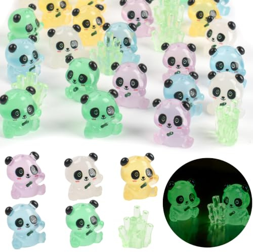 HUIANER Miniature Panda Figurines 30PCS Luminous Mini Resin Panda, Glow in The Dark Animal with Bamboo Cute Miniature Panda Set for for Cake Topper, Cupcake Decor, Dollhouse Garden, Micro Landscape