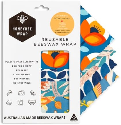 Honeybee - Reusable Beeswax Wrap | Set of 4 Pack Plastic Free Food Storage | Eco Friendly, Organic, Sustainable and Compostable Beeswax Food Wrap | Cling Film Alternative to Reduce Your Plastic Waste