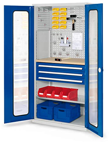 RasterPlan Schubladenschrank mit Fachboden und Werkbank | HxBxT 1950 x 1000 x 600 mm | Blau