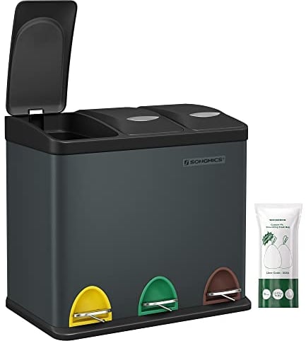 SONGMICS Mülleimer Küche, 3 x 8 L, kleine Kapazität, Mülltrennsystem 3 Fächer, Abfalleimer mit Deckel, Stahl-Treteimer für kleine Familien, Pedale und Inneneimer, grüngrau-schwarz LTB24GS