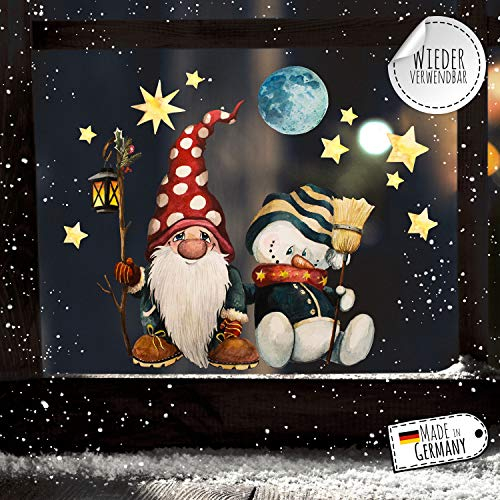 Fensterbild Weihnachtsdeko Weihnachten Zwerg Schneemann -wiederverwendbar- Fensterdeko Winter Fensterbilder Kinder bf92 - ausgewählte Größe: *1. Zwerg mit Schneemann*