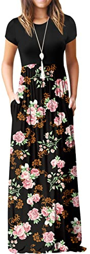 GRECERELLE Womens Maxi Dress Ladies' Summer Casual Short Sleeve Long Dresses with Pocket for Daily, Holiday, Travel, Maternity