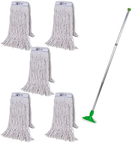 Abbey Heavy Duty Professional Kentucky Mop Handle and Holder With 5 Heads (450g) - Industrial Color-Coded Cleaning Tool for Hard Floors - Green