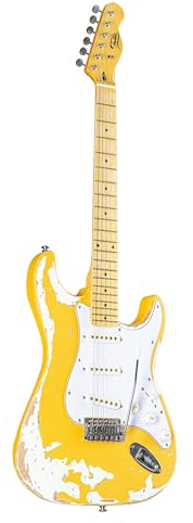 Fame SE Series ST E-Gitarre, Erle-Korpus, Ahorn-Hals, 21 Bünde, 3 Keramik Single Coils, Vintage Tremolo, Worn Out Blonde Finish, 6 Saiten, C-Halsprofil, 5-Weg Schalter, Chrom-Hardware