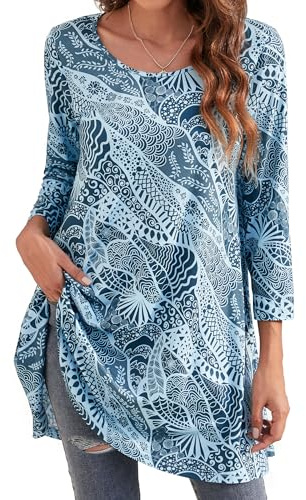 Enmain Womens Blue Floral Long Sleeve Tunic Top Loose Blouse T Shirt Ladies Swing Dress Top Elegant Stretch Round Neck Longline Blouse S