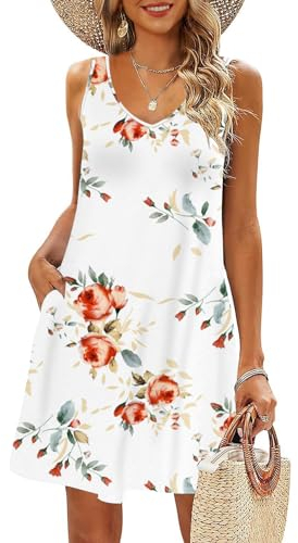 AUSELILY Robes d'été décontractées pour Femmes Robe de Plage sans Manches avec Poches Rose Blanc L