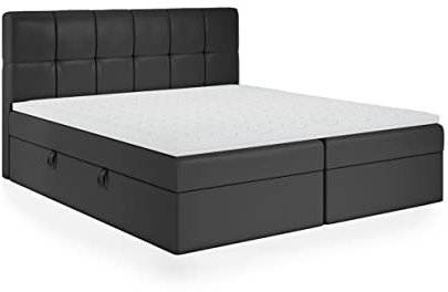 FEDVE Boxspringbett 200x200 Schwarz Öko-Leder – Mokpo – Praktisches Bett mit Bettkasten – Gemütlich Kopfteil Bett mit Matratze für Viele Jahr - Stabiles Doppelbett mit Stauraum zum Schlafzimmer