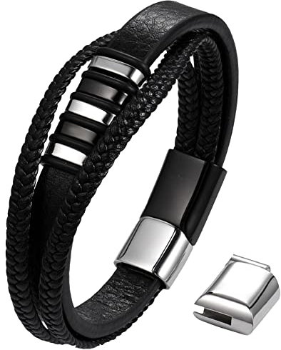 JewelryWe Schmuck Armband Herren Lederarmband Männer Leder Geflochten Mehrreihiges Verstellbar Armreif Manschette Wickelarmband mit abnehmbarem Edelstahl Magnetverschluss, Schwarz Silber