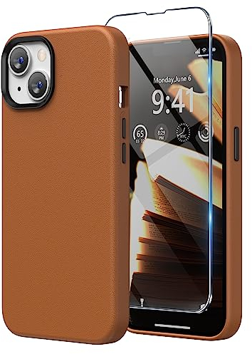 SURPHY Faux Leather Case Compatible with iPhone 14 Case 6.1 inch, Premium PU Leather Case Cover (with Metallic Buttons & Microfiber Lining) for iPhone 14, Brown