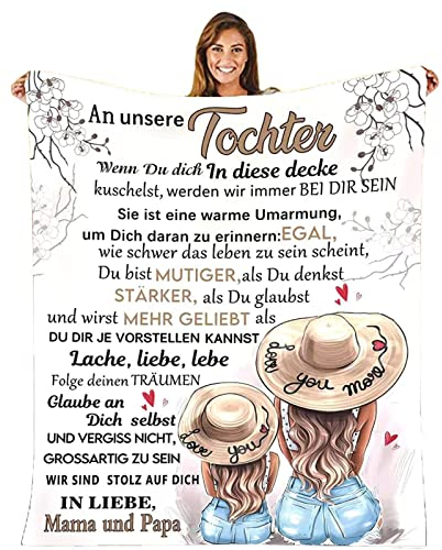 MZIEIU Personalisierte Decke Geschenke An unseren Tochter von Eltern, Deutsche Mama und Papa für Tochter Briefdecke Positiv Ermutigen Flauschige Wohndecke