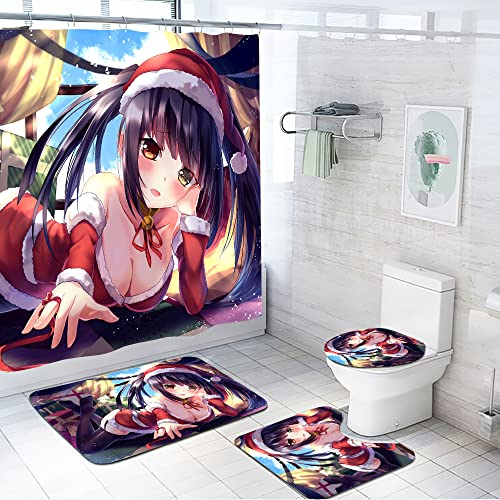 Xinchangda 4-teiliges Anime-Date-a-Live-Badezimmer-Set mit rutschfesten Teppichen, WC-Deckelbezug und Badematte, wasserdichter Badvorhang für Badezimmer-Dekor-Zubehör