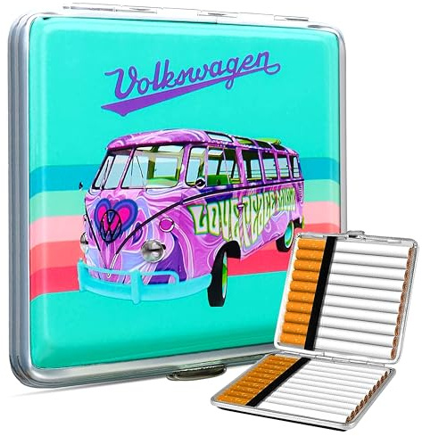 [ Test SEHR GUT, Note 1.1 *] Zigarettenetui Volkswagen Offiziell Lizenziert – Vollmetall Zigarettenbox für 20 Zigaretten – Robustes Metall-Etui im Retro-Design – Kompakt für Alltag & Unterwegs