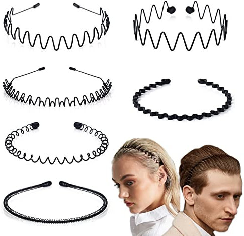 Metal Headband Mens Hair Band Non-Slip Sports Hair Hoop for Men Black Wavy Fashion Hair Band for Outdoor Weddings (6 PCS)
