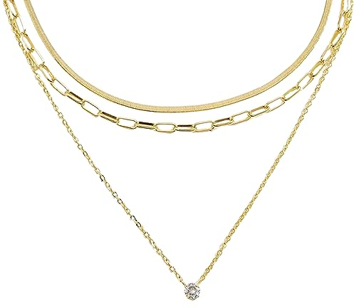 IOSPKKIO® Mehrschichtige Gold-Choker-Halskette für Frauen und Mädchen, 14-karätig vergoldete CZ-Anhänger-Halskette, zierliche Flache Schlangenkette-Schichten-Halskette