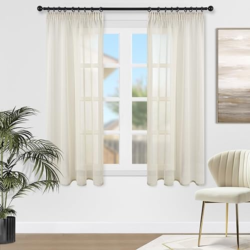 Topfinel Gardinen Kurz Vorhang kräuselband Stores Gardine Schals mit Ösen Voile Curtains Living Room Fensterschals Vorhänge Weiss 140 cm Lang Dekoschal für kleine Fenster
