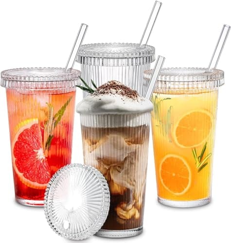 ALINK Glass Cups with Lids and Straws, 12 oz Iced Coffee Cup for Coffee Bar Accessories, Ribbed Glasses Drinking Set of 4, Glass Tumbler for Home Decor, Christmas Gifts for Women