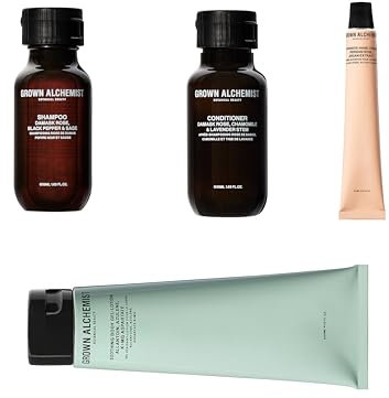 Grown Alchemist Hair, Hand & Body Routine Natural Skincare Kit and Beauty Bag - Hydrating Body Cleanser 120 ml, Intensive Hand Cream 12 ml, Sulphate, Silicone Free Shampoo and Conditioner 4 x 50 ml