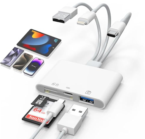 Universal SD Card Reader for iPhone/Mac - Upgraded TypeC(Data)+Lightning+USB Three Port SD/TF Memory Card Reader Digital Camera Transfer to Phone Adapter, Multi Port 4 in 1 Universal SD Card Reader