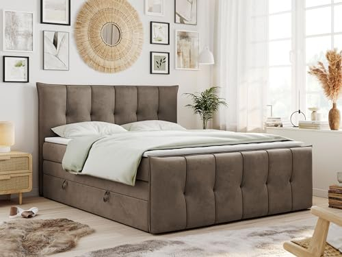 MKS MEBLE King Boxspringbett 140x200 Mit Bettkasten und Matratze H4, Polsterbett Mit Matratze, Premium-11-King Braun Velvet