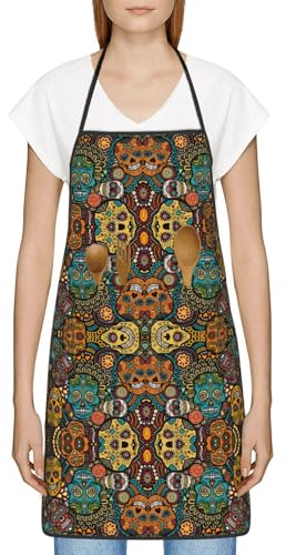 ATOurDealss Delantal clásico con estampado de rayas verdes con 2 bolsillos, delantal unisex ajustable para el hogar, cocina, restaurante, cafetería, Calavera de azúcar colorida, Talla única