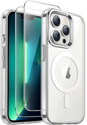 JETech 3 in 1 Magnetic Case for iPhone 13 Pro Max 6.7-Inch with 2 Pack Tempered Glass Screen Protectors, Compatible with MagSafe, Shockproof Bumper Phone Cover (Clear)