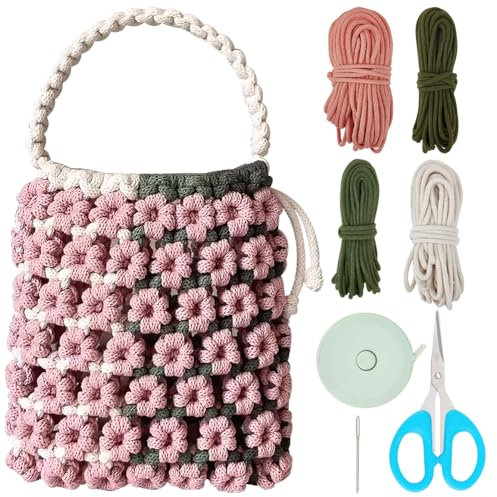 BEUNITONE Makramee-Taschen-Set zum Selbermachen für Erwachsene, Anfänger, Boho, Rosa, Blumenmuster, Handtaschen-Set für Frauen, mit Videoanleitung, Häkel-Schultertaschen für Frauen, Urlaub,