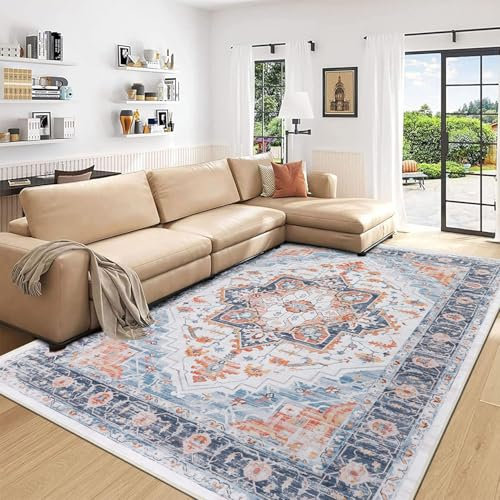 SHACOS Vintage Teppich Kurzflor 240x300 cm Teppich Wohnzimmer rutschfest Schlafzimmer Teppich Waschbar Wohnzimmerteppich Boho Teppich für Wohnzimmer, Schlafzimmer, Esszimmer, Blau