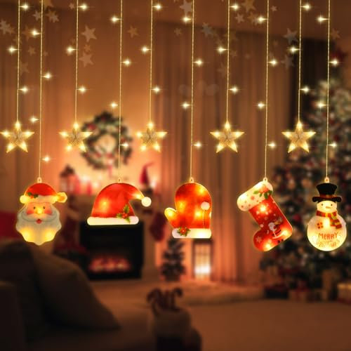 Ulikey Cortina Luces Navidad, Luz de Ventana Navidad, 3.3M 8 Modos Luces de Navidad Estrellas con Control Remoto, Ideal para Decoración de Jardín Dormitorio Ventana Fiesta Decoración Navideña