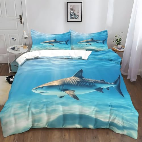 Generisch Bettwäsche Set 135x200cm Unterwasser-Tigerhai 3D Polyester Baumwolle Bettbezug Sets, Weich Atmungsaktiv Bettbezüge mit 2 Kissenbezug 80x80 cm, für alle Jahreszeiten