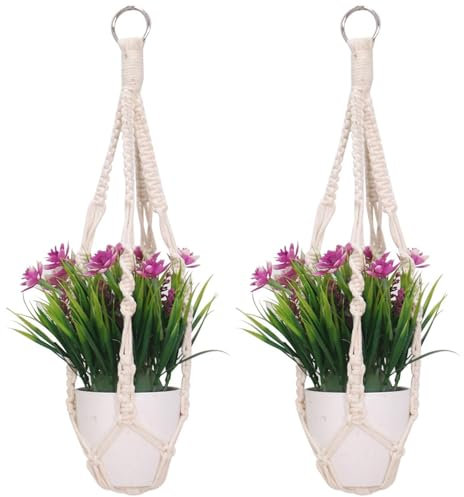 JOYIAL Lot de 2 suspensions en macramé - Corde en coton pour pots suspendus - Corde en coton - 50 cm - Pour l'intérieur et l'extérieur - Plafonds - Décoration murale