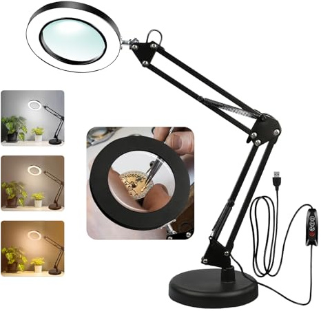 Zhiwei 10X Lupe mit Licht und Ständer Ideal für Handwerk & Reparatur | Freihand-Lupenlampe mit 3 Lichtfarben, verstellbarer Schwenkarm, Tischlampe für Handarbeiten, Lesen & Reparaturen