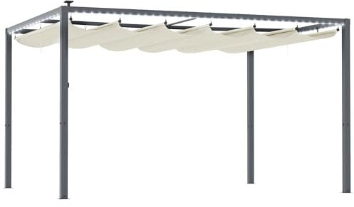 Outsunny Pérgola de Aluminio con Luces LED 4x3 m Cenador de Jardín Gazebo con Solares Techo Retráctil Impermeable Anti-UV Pabellón para Patio Terraza Crema y Gris