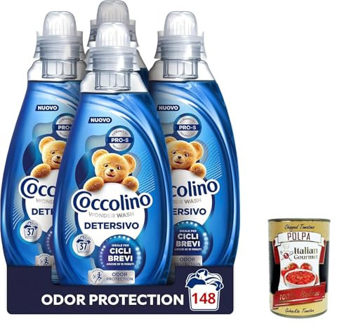 Coccolino Wonder Wash Detersivo Odor Protection 37 Wäschen, flüssiges Waschmaschinen waschmittel, luiquid laundry detergent, 4x 1480 ml + Italian Gourmet polpa 400g