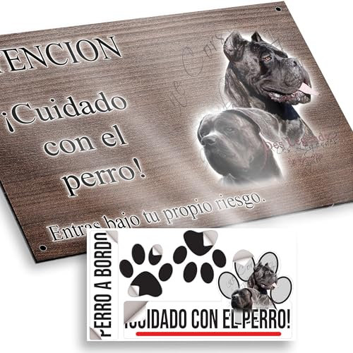 Cane Corso gacela Cartel Cuidado Perro Peligroso 20x12,5cm - Diseño Madera Marrón Dibond con Pegatina Coche 20x5cm
