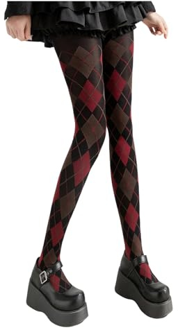 Verdusa Women's Argyle Plaid Mesh Sheer Tights Design High Waisted Preppy Stockings Pantyhose Rose Red One Size