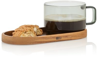 AdHoc Impact Coffee Cup with Acacia Wood Coaster, 300ml, Mug for Tea, Latte, Cappuccino with Handle, Heat Resistant Borosilicate Glass, Wide Coaster Space for Buiscuits