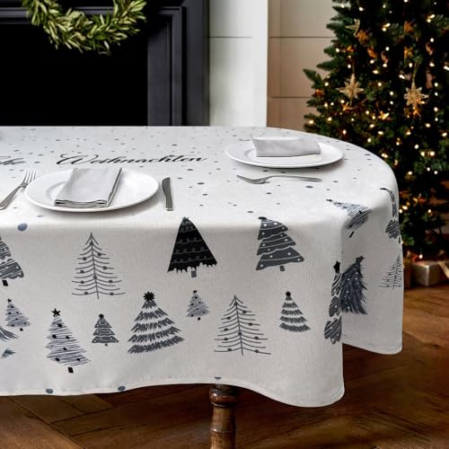 Zmorfiya Wasserabweisend Weihnachtstischdecke Oval 140x180, Weihnachten Schneeflocke Tischdecke, Groß Tannenbaum Esstischdecke Abwaschbar Weihnachts Tischdecke Tischtuch, Grau Weiß