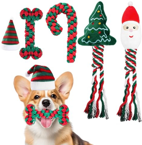 Axlyca 5 Stück Hundespielzeug Weihnachten, Hundespielzeug Quietschend, Interaktives Weihnachten Hund Geflochtener Spielzeug ür Kleine, Große Hunde und Welpen