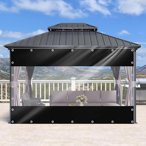 Cortinas De Lona Alquitranada 100% Impermeables Con Cremalleras,Paneles Laterales De Lona Transparente Negra,Cortinas Para Exterior,Lona De Plástico Pvc De 0,3mm Con Ojales,0Zip-3.3×2m(10.8*6.6ft)