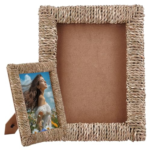 WADORN Boho Fotorahmen Aus Geflochtenem Rattan 12.5x17.8cm Handgefertigte Bilderrahmen Aus Weidengeflecht Im Küsten Vertikal Hochzeitsgeschenk Für Frauen Mama Couple Zuhause Bücherregal Schreibtisch