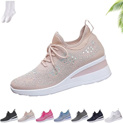 Damen Sparkly Strass Wedge Sneakers Damen Schnürschuhe Sommer Mesh Atmungsaktiv Glitzer Plattform Wedge Sneaker Casual Loafers Frauen Leichte Bequeme rutschfeste Wanderschuhe, rose, 0 UK