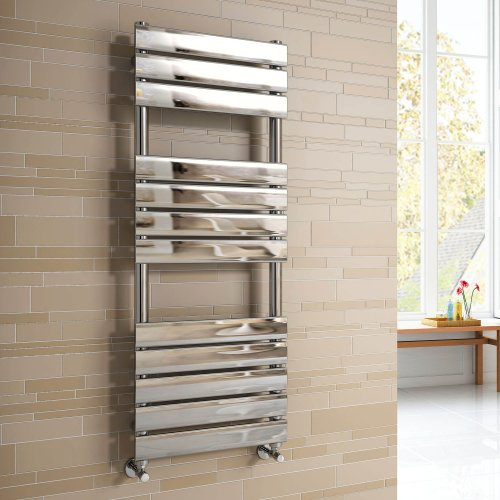 iBathUK Zerith Wall Mounted Flat Panel Heated Towel Rail, 12 Column Slim Flat Steel Hydronic Central Heating Towel Radiator with High Thermal Output, Chrome Designer Bathroom Towel Rail, 1200 × 450mm