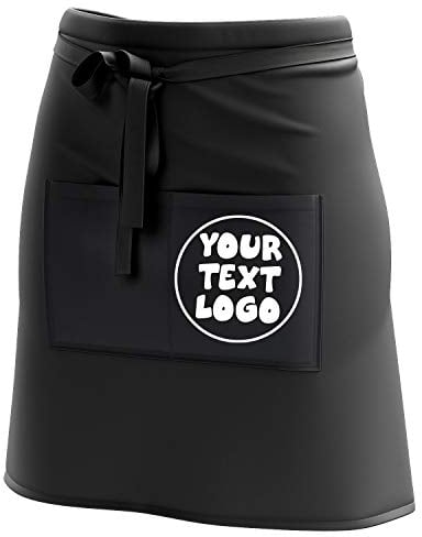 Ferocity Kurze Personalisierte Schürze Kellnerschürze Vorbinder mit Namen Firmenlogo personalisiert mit Taschen für Bistro Restaurant, Schwarz mit Logo [074]