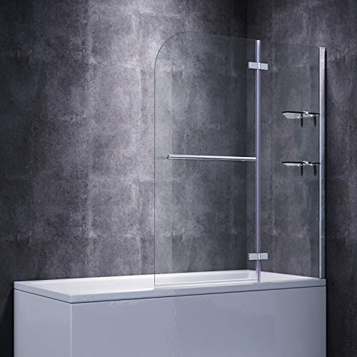 SONNI Paroi de douche pour baignoire 120 x 140 cm (l x h) avec porte-serviettes + étagère d'angle, paroi de douche