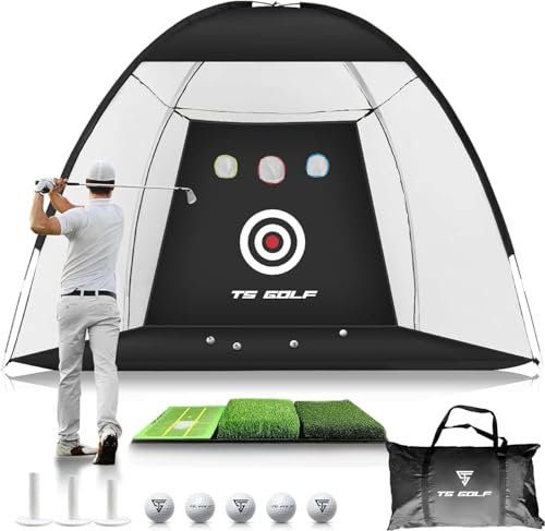 TS GOLF- Golf Practice Net - 10x7ft - XL Tri-Turf Golf driving net and Mat, 3 Balls, 3 Rubber Tees, Carry Bag, golf nets for backyard driving