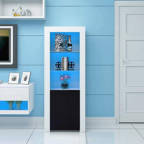 Panana High Gloss Tall Display Cabinet Wood Cupboard Sideboard Free Standing Storage Unit with Glass Shelves Door Blue LED Lights Living Room White (Black)