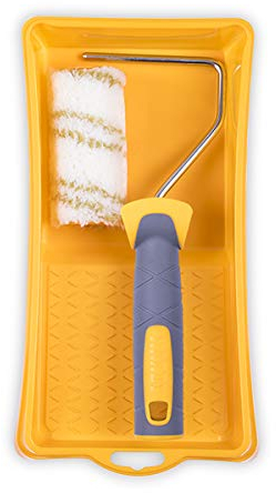 HARDY WORKING TOOLS Maler Set, Farbrolle, Farbwanne und Farbwalzen aus Polyester, Florhöhe 12mm, Länge 10cm, Durchmesse 30mm, weiß-gelb-grau, A0180-560000