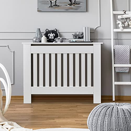 CLIPOP White Radiator Cover Modern Slatted Grill Slats MDF Cabinet Wooden Radiator Cover for Home Living Room Decor Furniture (Medium)